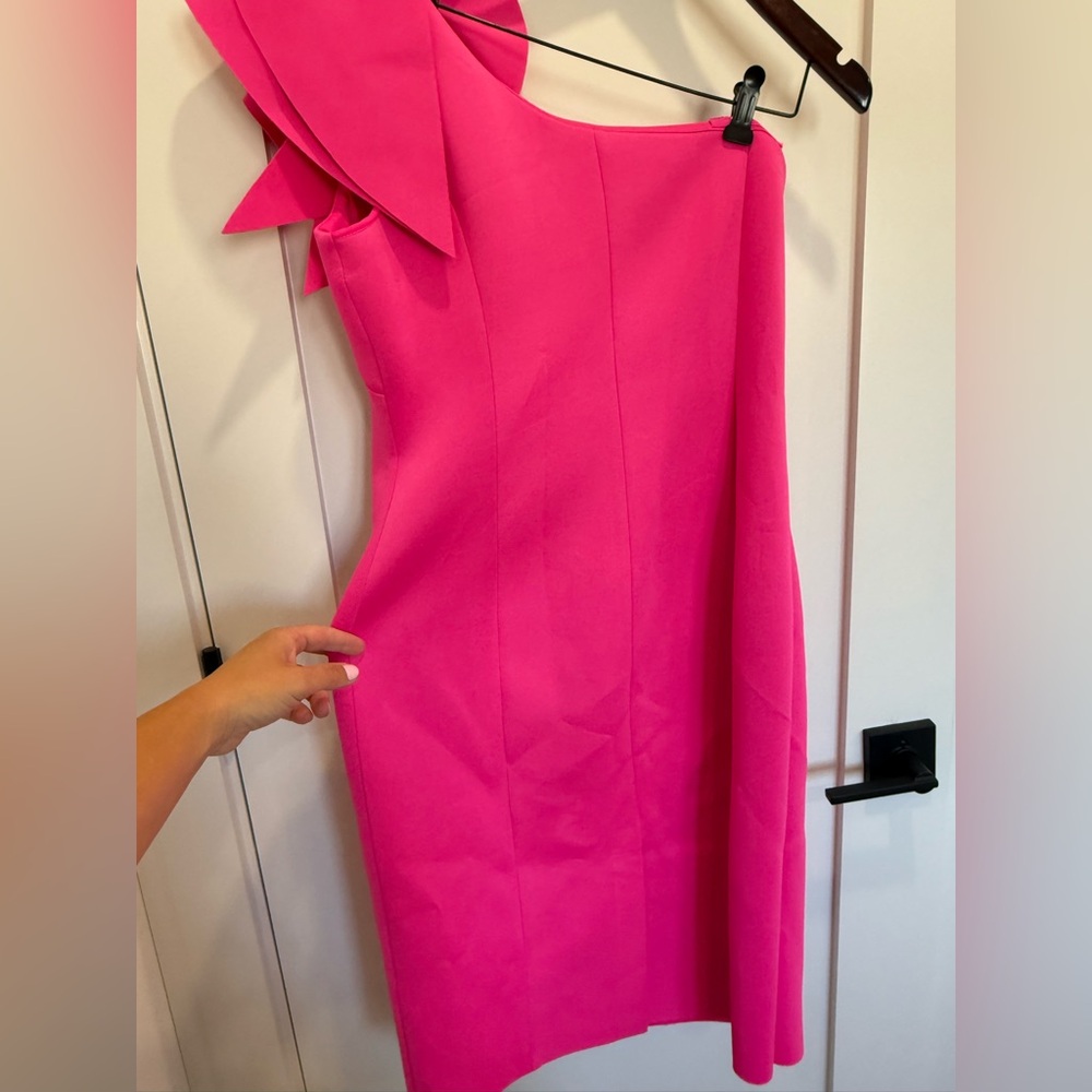 One-Shoulder Pink Ruffle Sheath Dress - Picture 4 of 5